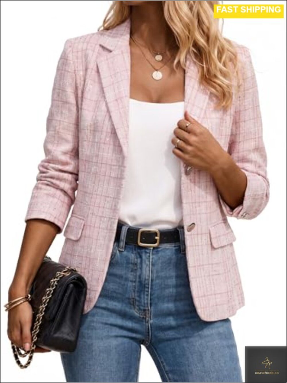Women's Tweed Blazer Plaid Sequin Long Sleeve Business Casual